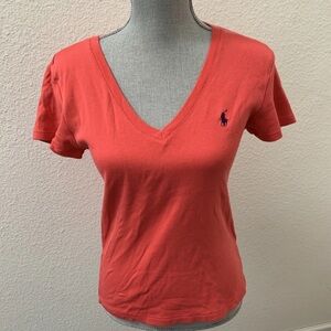 Ralph Lauren Sport Pony Red V Neck Top 100% Cotton Large L Short Sleeve